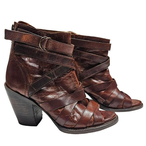 Freebird By Steven Joker Women's Leather‎ Heeled Sandals Size 6 Brown Peep Toe - Picture 1 of 14